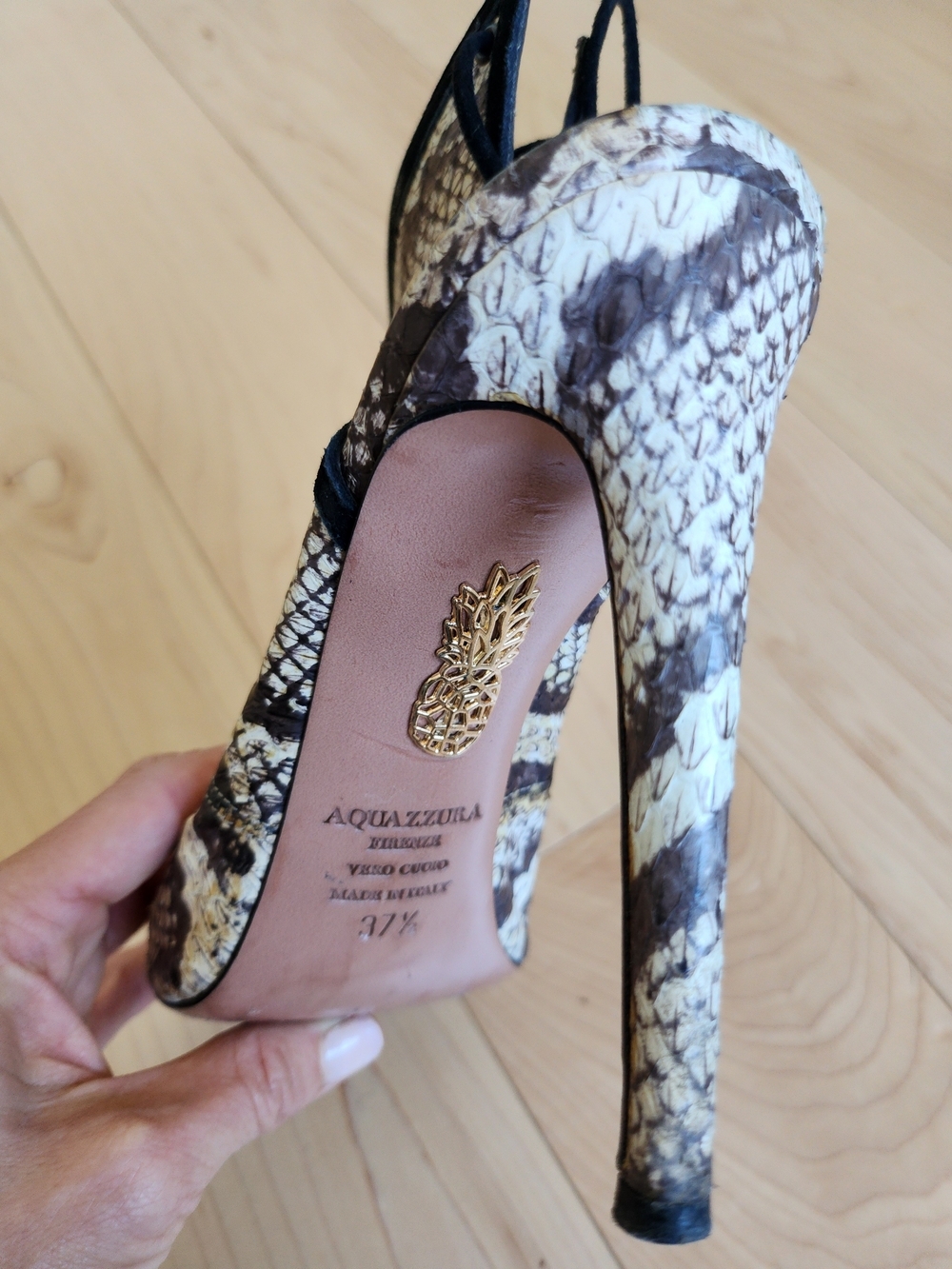 Aquazzura Brown & Cream Snake-Print Peep Toe Lace-Up Cutout Heels EU37.5 - Picture 5 of 7